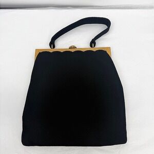 Bobbie Jerome VTG Handbag Black Felt/Wool-Like Gold Scalloped Frame Elegant
